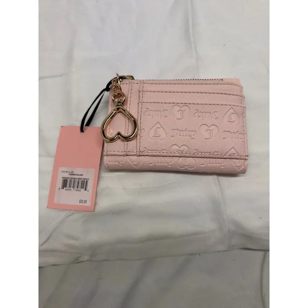 NWT Juicy Couture Pink Embossed Logo Trifold Wallet w/ Heart Key Ring
